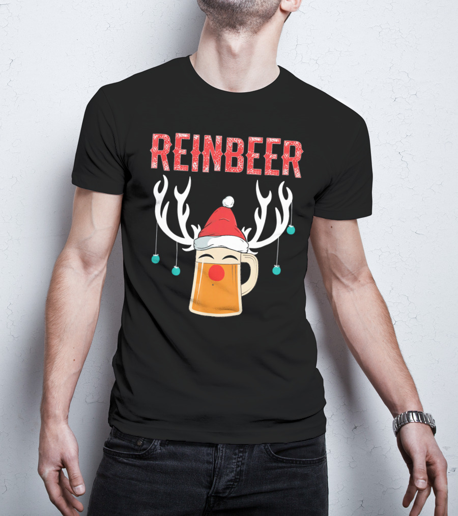 Reinbeer Christmas Antler Humor With Santa Hat Beer Mug T-Shirt