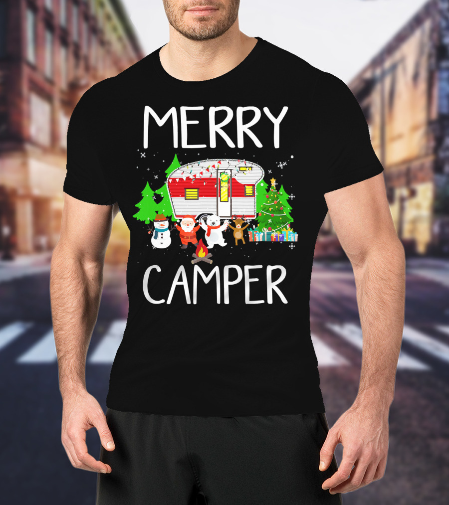 Merry Camper Christmas Santa Snowman Reindeer Campfire Scene T-Shirt