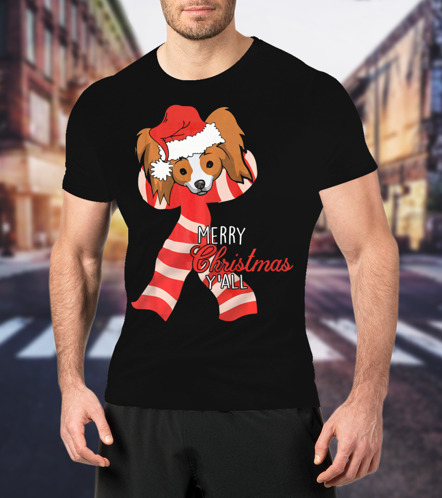 Papillon Dog Merry Christmas Y'all Santa Hat Striped T-Shirt