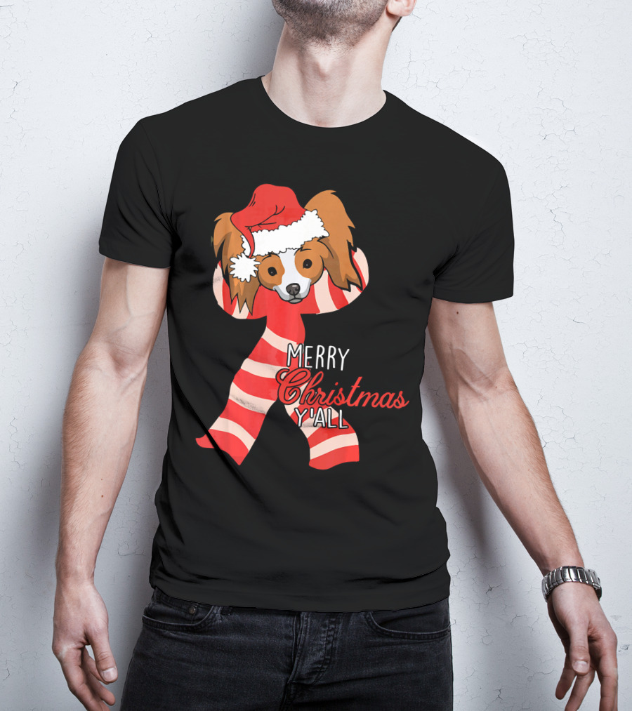 Papillon Dog Merry Christmas Y'all Santa Hat Striped T-Shirt
