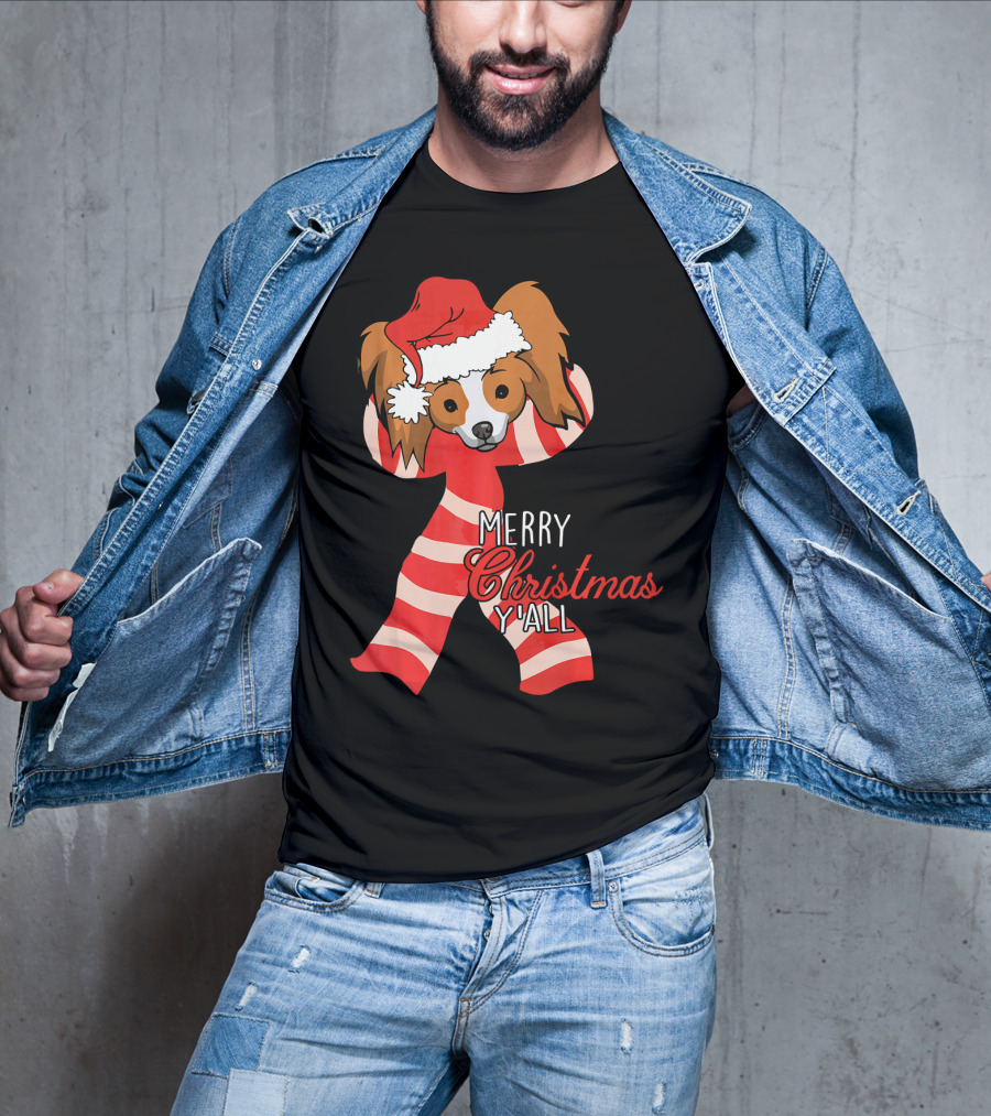 Papillon Dog Merry Christmas Y'all Santa Hat Striped T-Shirt