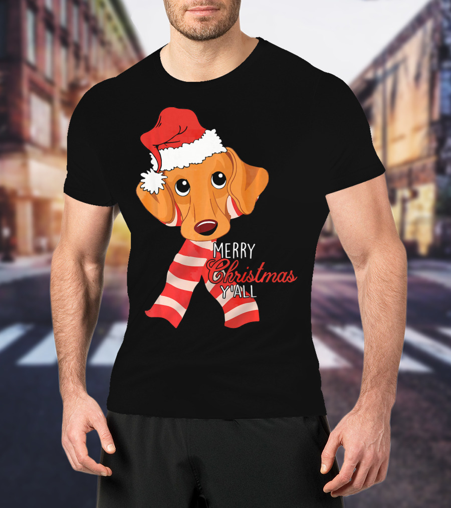 Merry Christmas Y'all Dachshund Dog Wearing Santa Hat And Striped Scarf T-Shirt