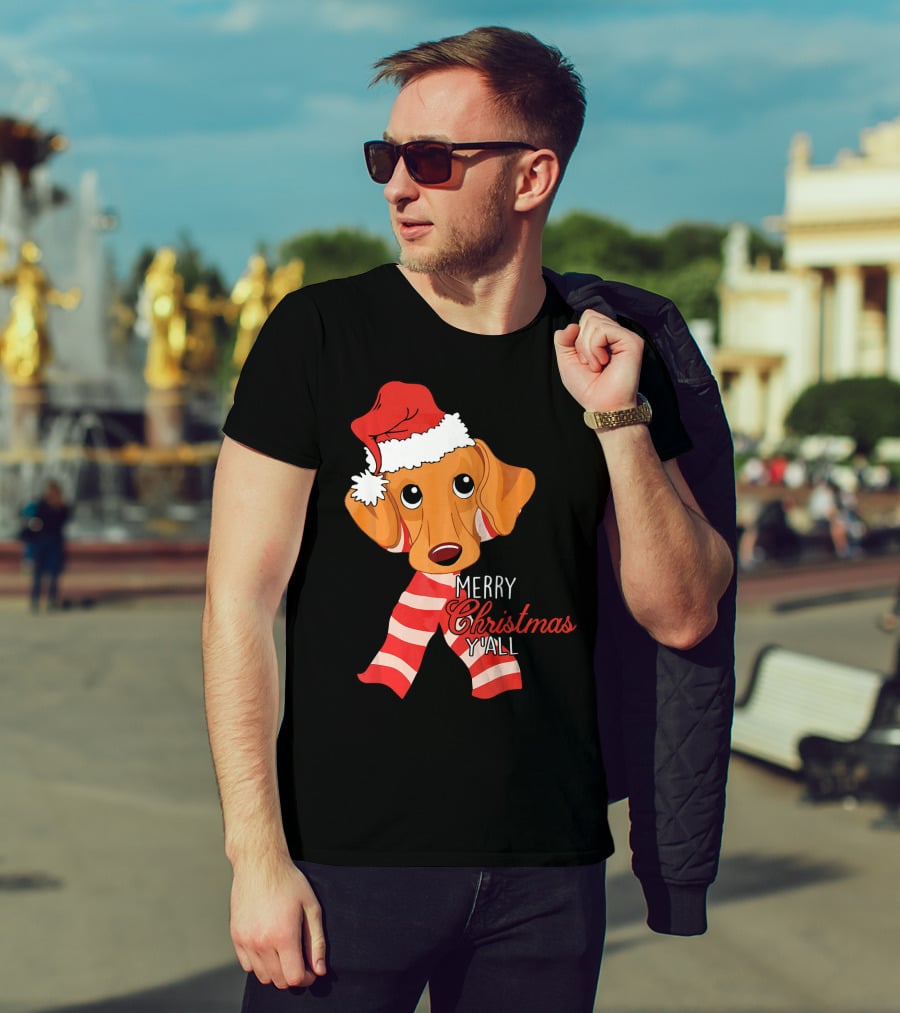 Merry Christmas Y'all Dachshund Dog Wearing Santa Hat And Striped Scarf T-Shirt