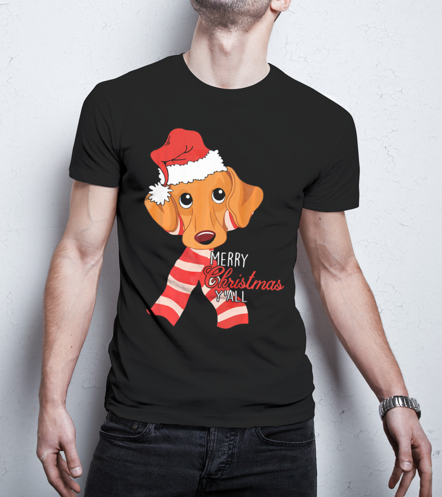 Merry Christmas Y'all Dachshund Dog Wearing Santa Hat And Striped Scarf T-Shirt