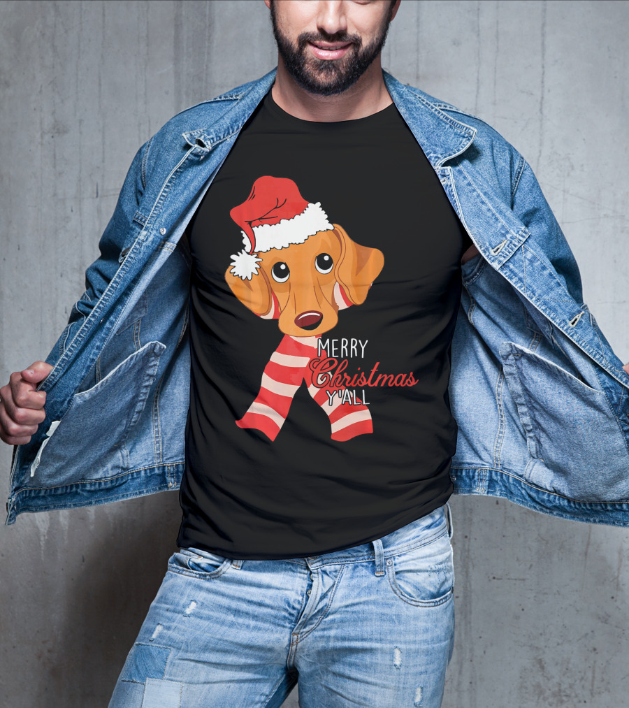 Merry Christmas Y'all Dachshund Dog Wearing Santa Hat And Striped Scarf T-Shirt
