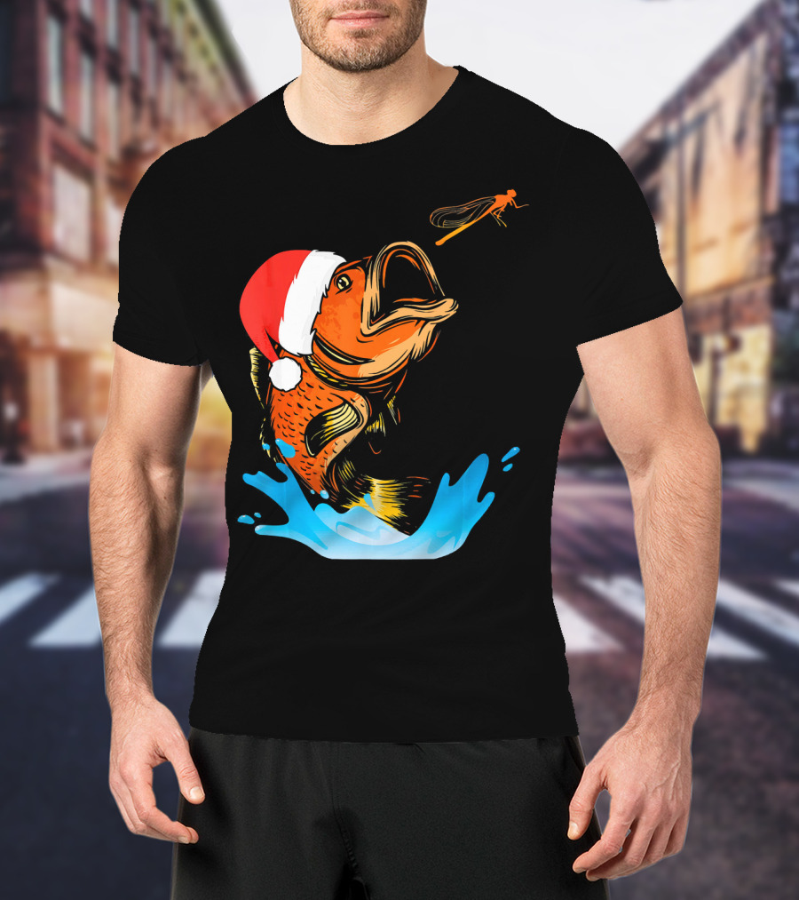 Bass Fishing Santa Hat Splashing Christmas Fish T-Shirt