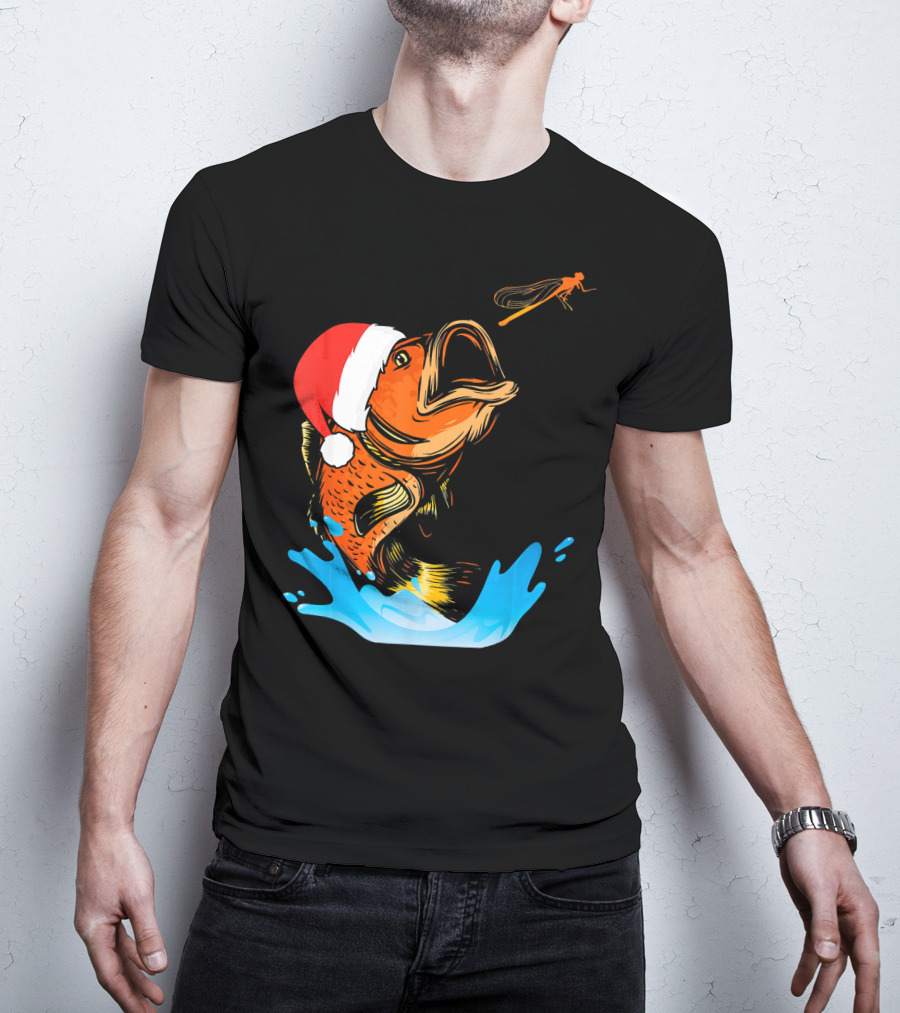 Bass Fishing Santa Hat Splashing Christmas Fish T-Shirt