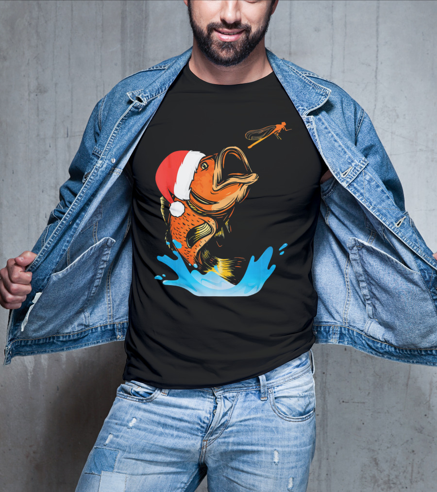 Bass Fishing Santa Hat Splashing Christmas Fish T-Shirt