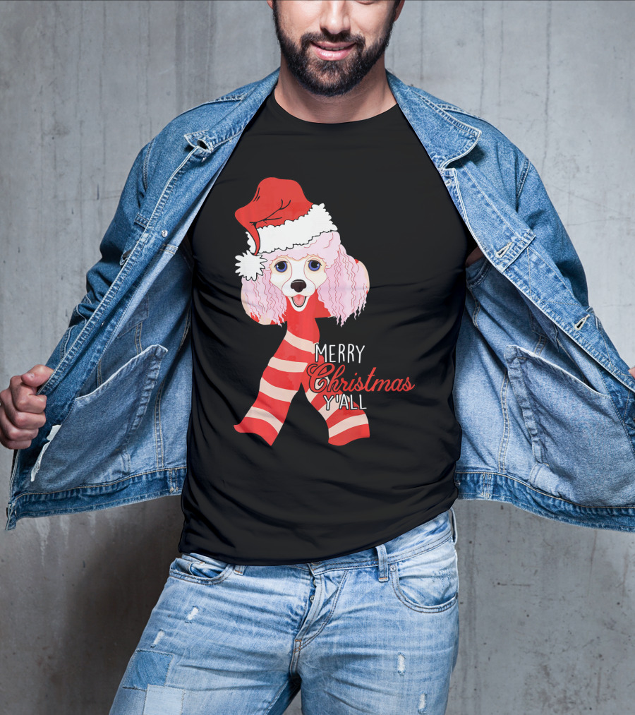 Merry Christmas Y'all Poodle Dog In Santa Hat And Scarf T-Shirt