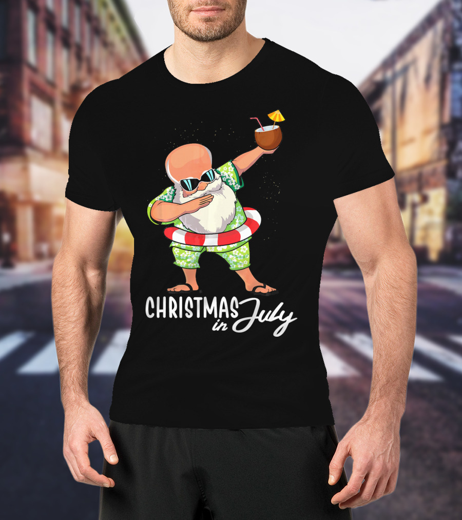 Dabbing Santa Christmas In July Coconut Drink Sunglasses Summer Fun T-Shirt