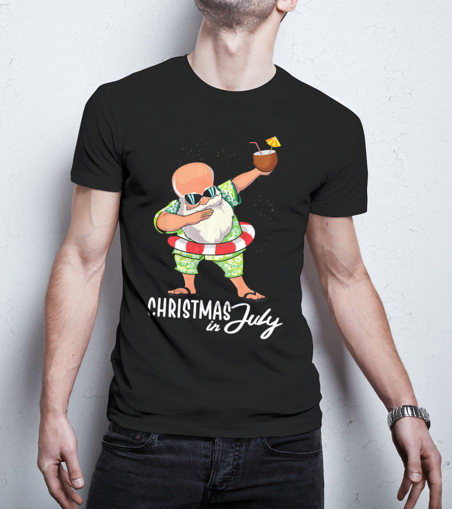 Dabbing Santa Christmas In July Coconut Drink Sunglasses Summer Fun T-Shirt
