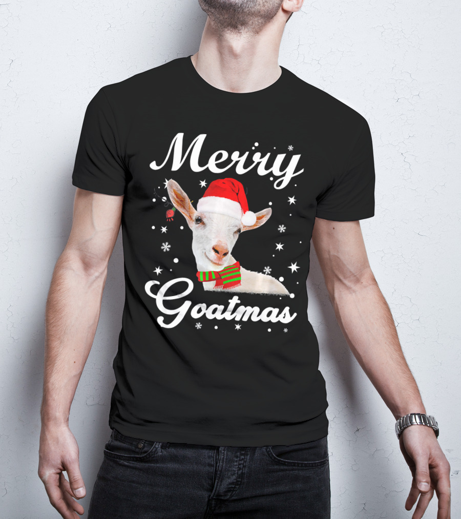 Merry Goatmas Santa Hat Snowflakes Festive Goat T-Shirt
