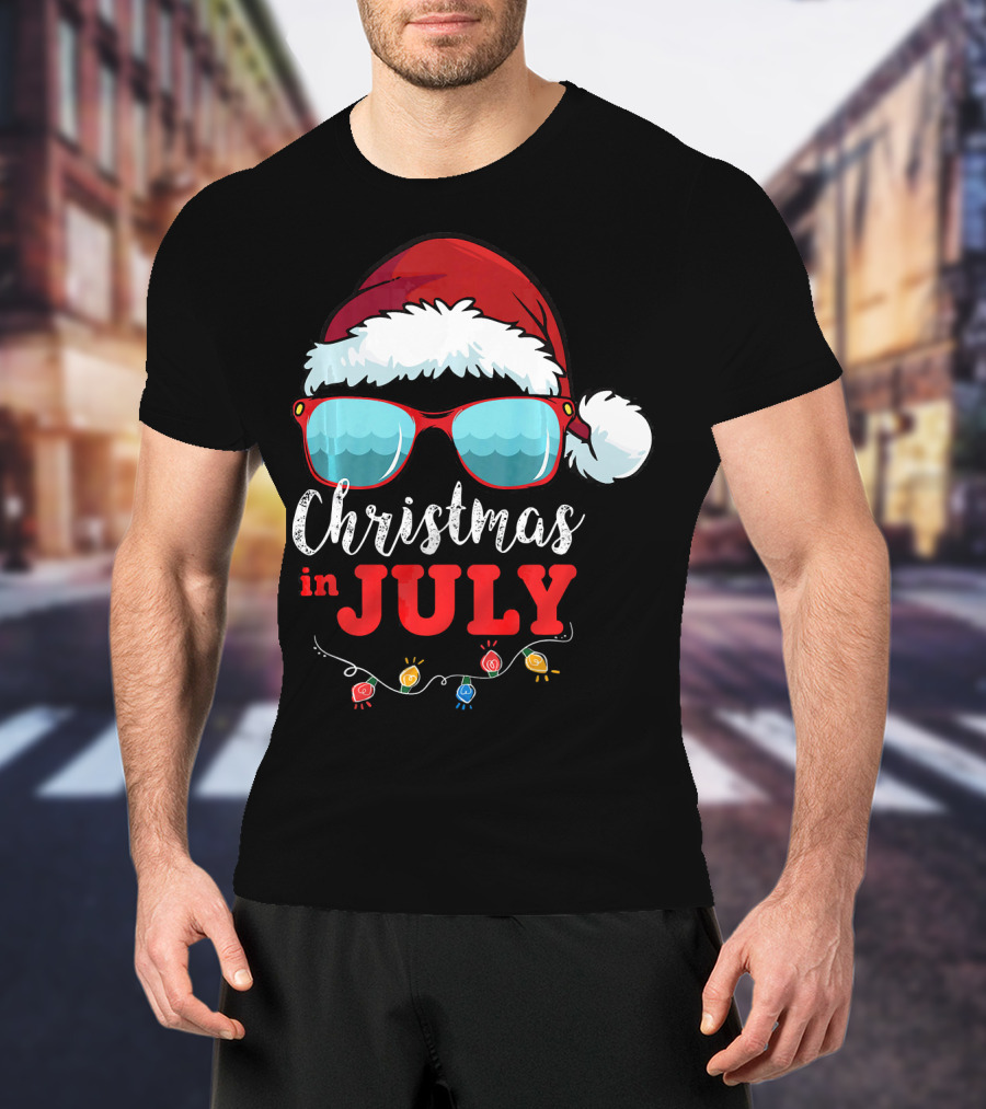 Santa Hat Sunglasses Christmas In July Holiday Lights T-Shirt