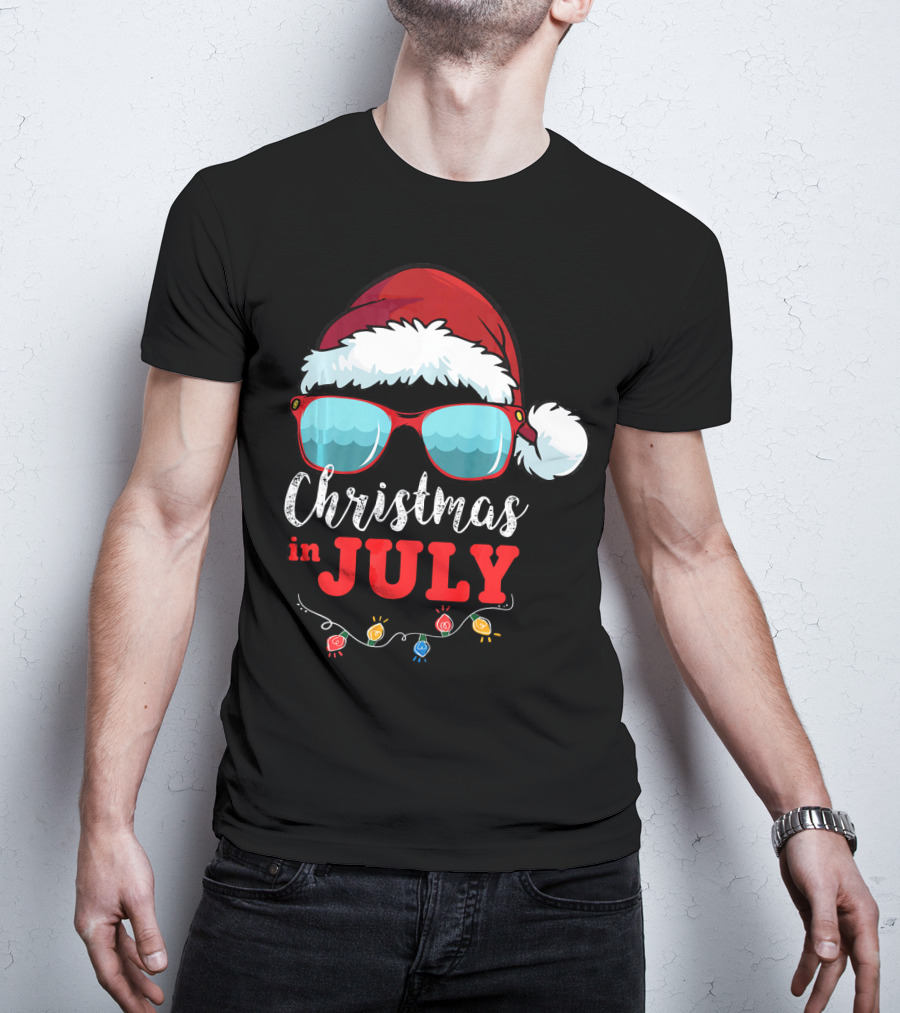 Santa Hat Sunglasses Christmas In July Holiday Lights T-Shirt