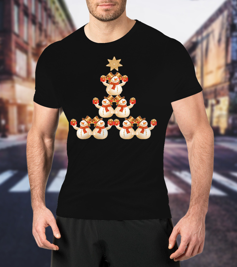 Snowman Pyramid Christmas Tree With Star And Red Gift Boxes T-Shirt