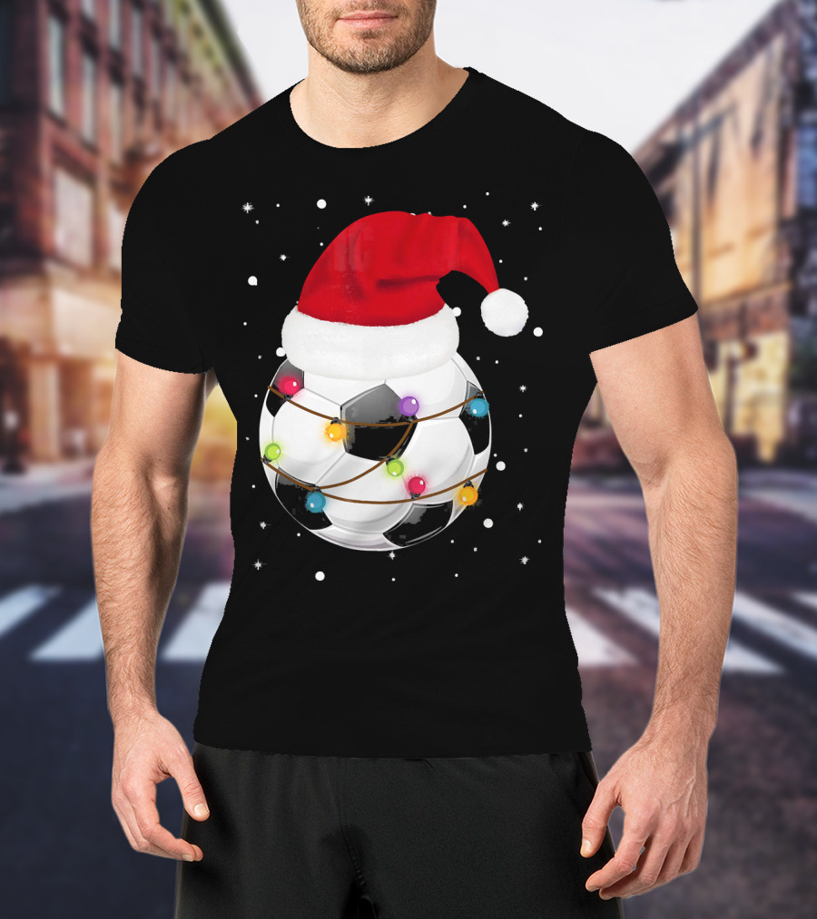 Santa Hat Soccer Ball Wrapped In Christmas Lights With Falling Snow T-Shirt