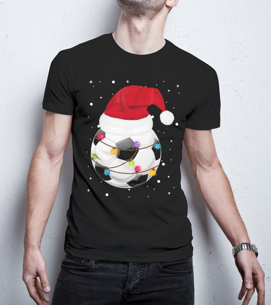 Santa Hat Soccer Ball Wrapped In Christmas Lights With Falling Snow T-Shirt