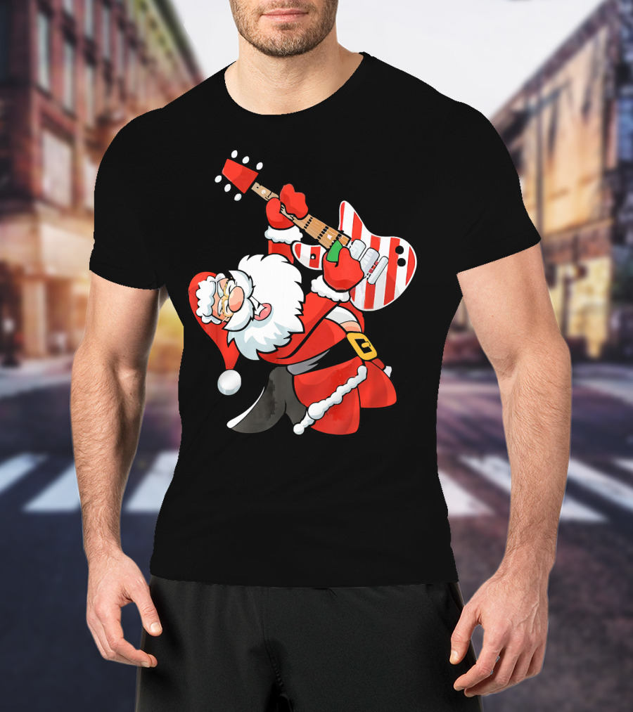 Santa Guitar Player Christmas Music Vintage Rock Holiday T-Shirt