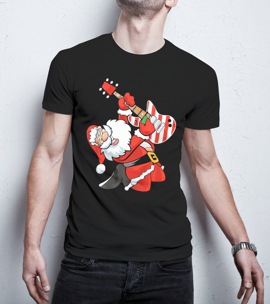 Santa Guitar Player Christmas Music Vintage Rock Holiday T-Shirt