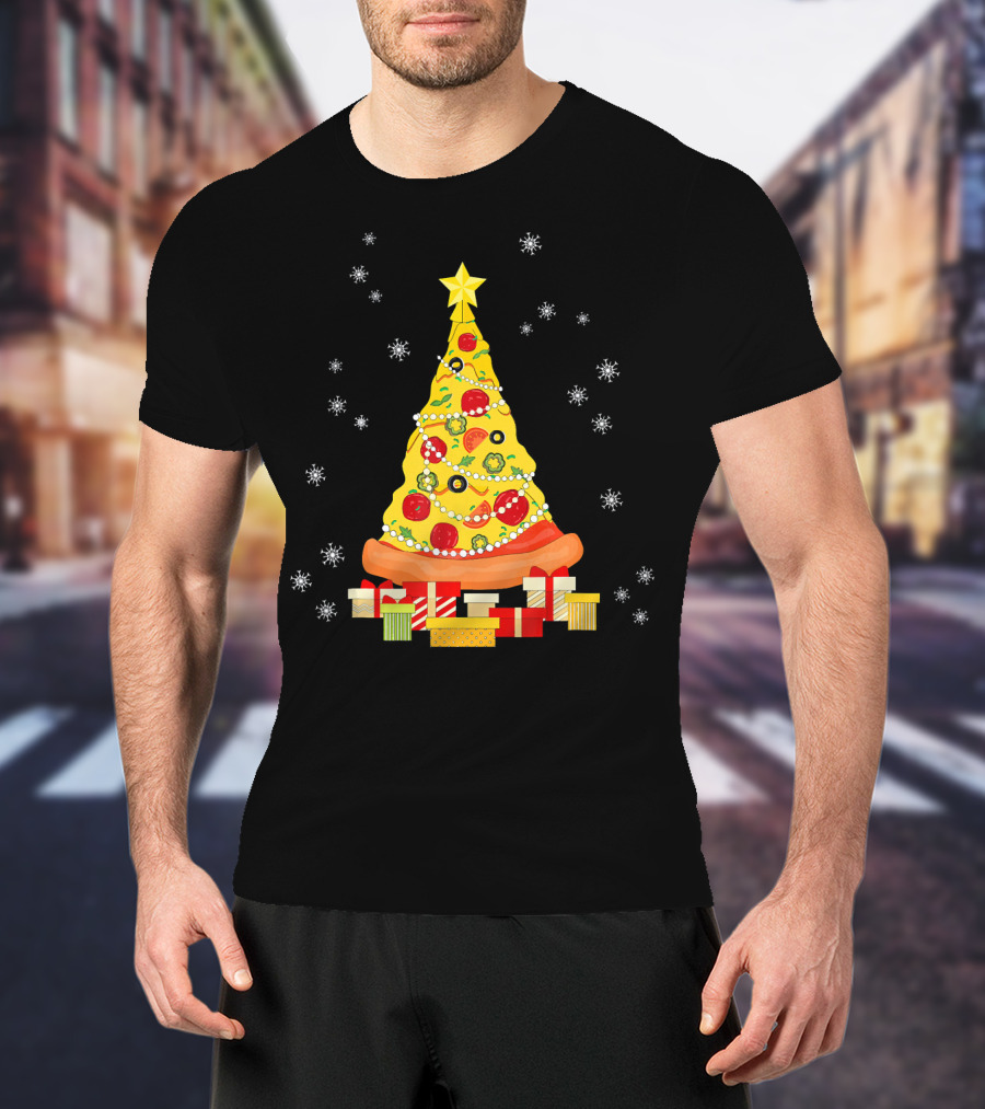 Christmas Tree Pizza With Snowflakes And Gifts T-Shirt