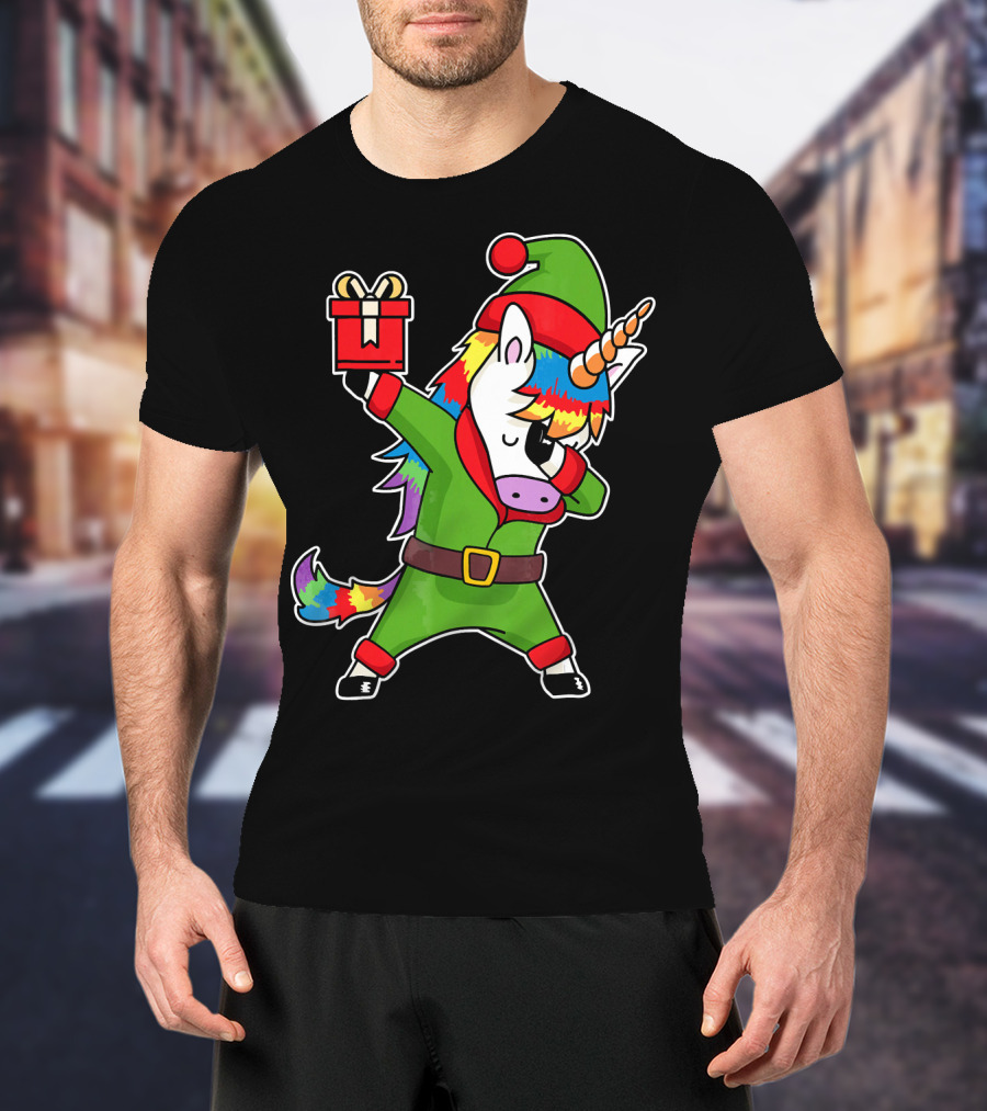 Christmas Dabbing Unicorn Elf With Rainbow Mane And Gift Box T-Shirt