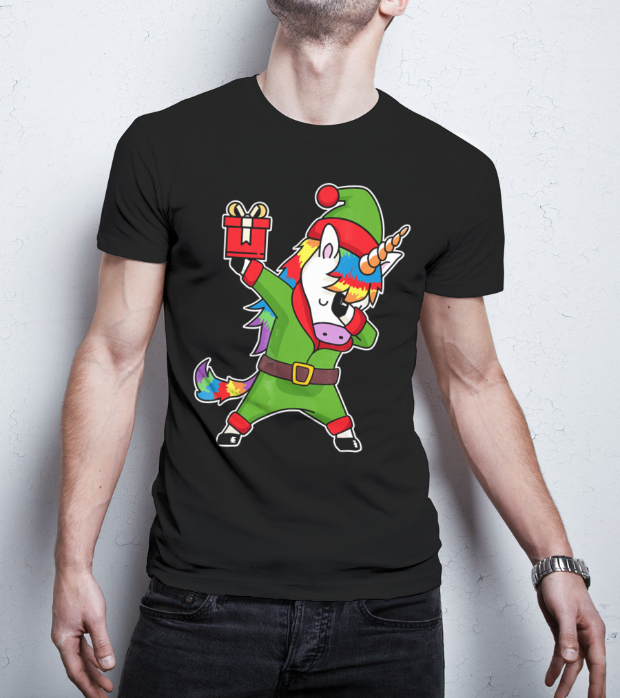Christmas Dabbing Unicorn Elf With Rainbow Mane And Gift Box T-Shirt