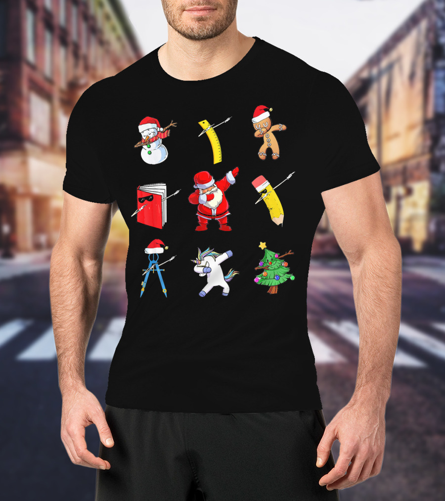 Funny Teacher Christmas Santa Dabbing Snowman Ruler Gingerbread Pencil Book Unicorn Tree T-Shirt