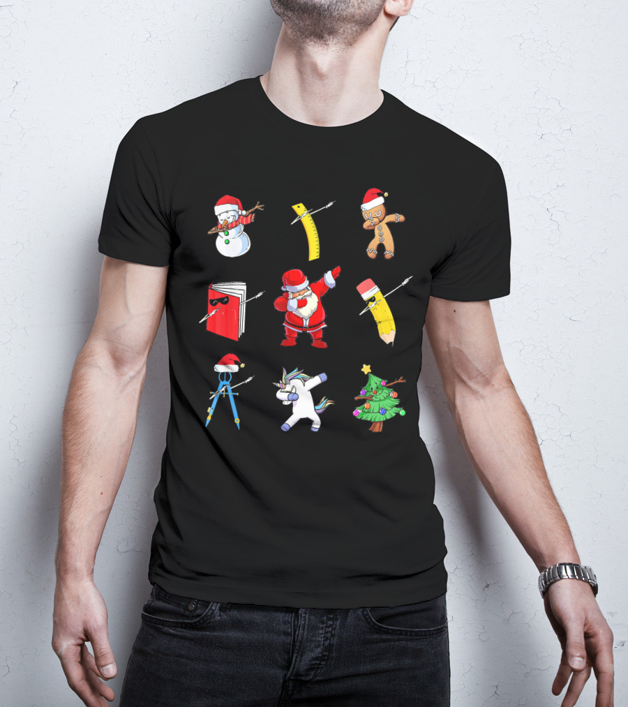 Funny Teacher Christmas Santa Dabbing Snowman Ruler Gingerbread Pencil Book Unicorn Tree T-Shirt