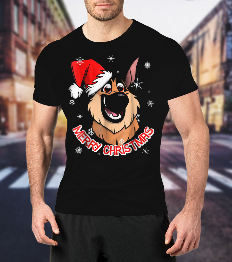 Merry Christmas GSD Smiling Santa Hat Snowflakes T-Shirt