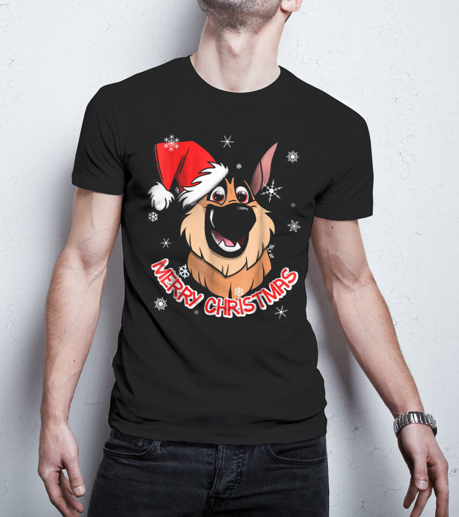 Merry Christmas GSD Smiling Santa Hat Snowflakes T-Shirt