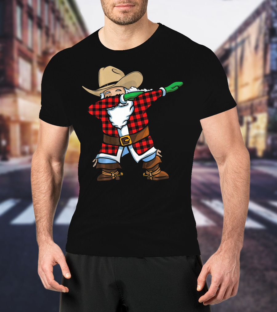 Santa Cowboy Christmas Dabbing Plaid T-Shirt