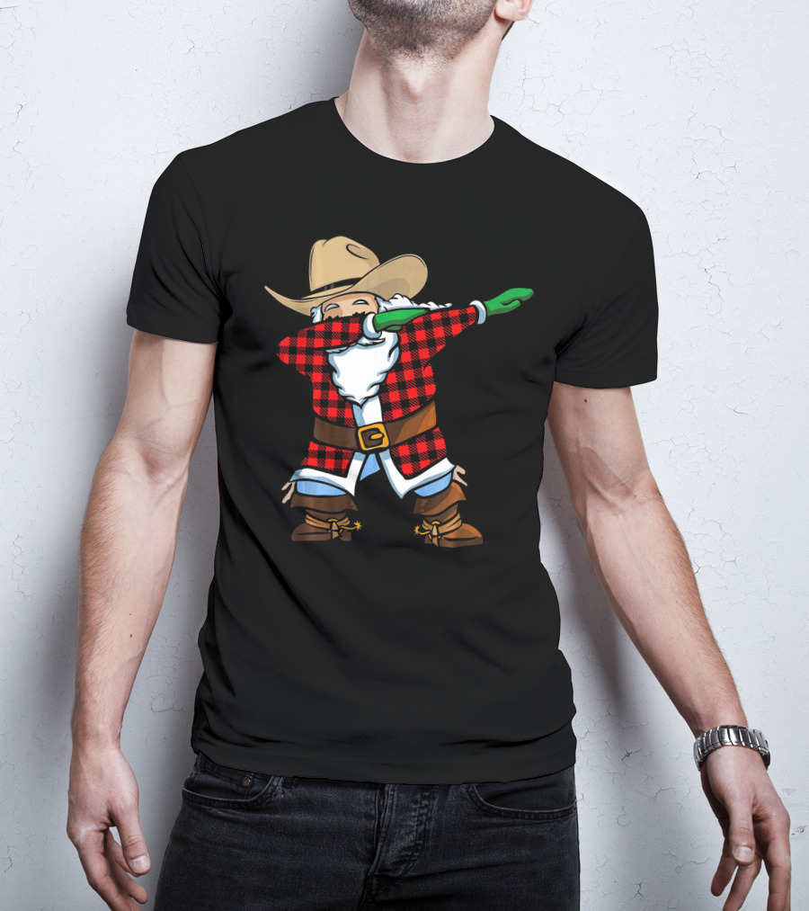 Santa Cowboy Christmas Dabbing Plaid T-Shirt