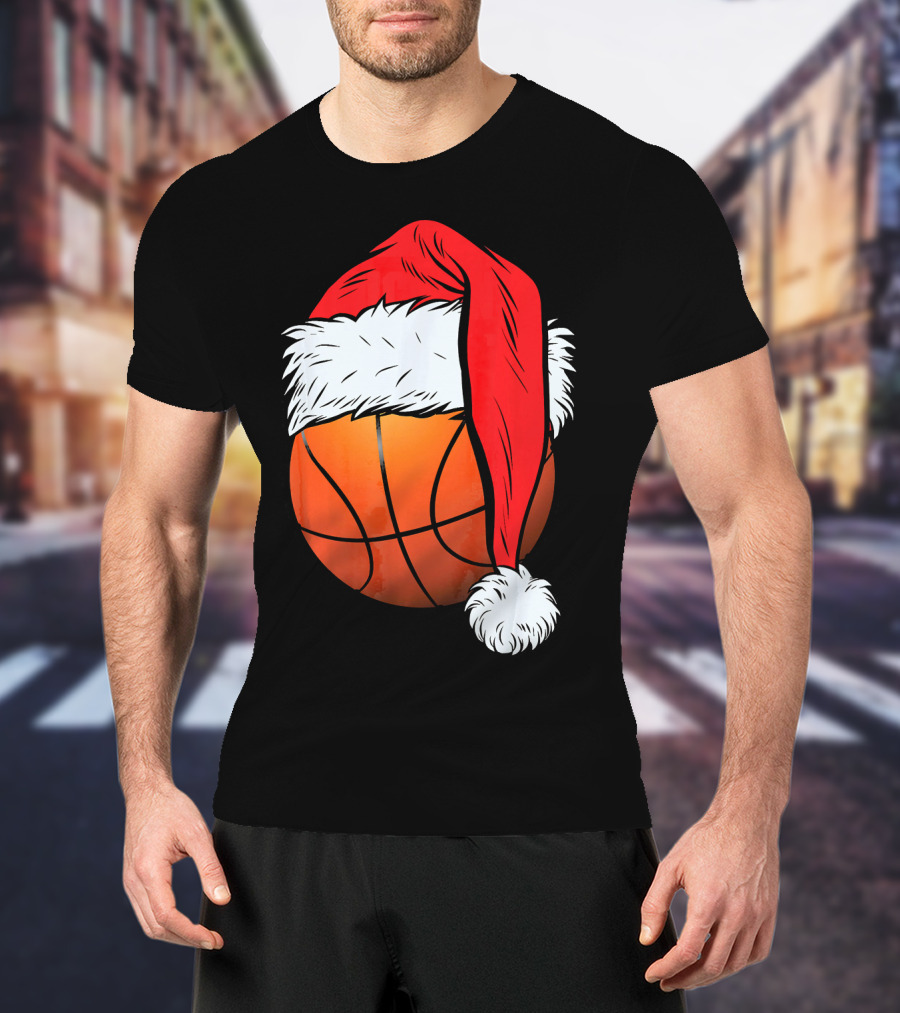 Christmas Santa Hat On Basketball Ball T-Shirt