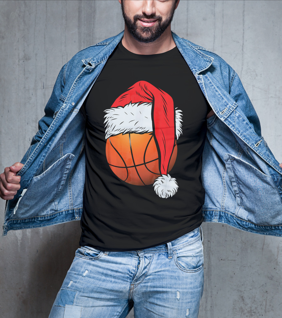 Christmas Santa Hat On Basketball Ball T-Shirt