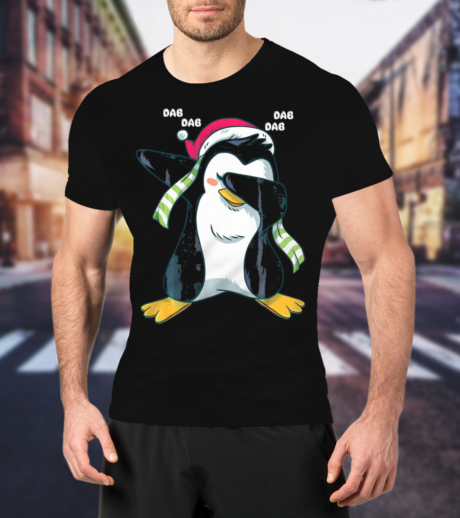 Dab Dab Dab Christmas Penguin Santa Hat And Scarf T-Shirt