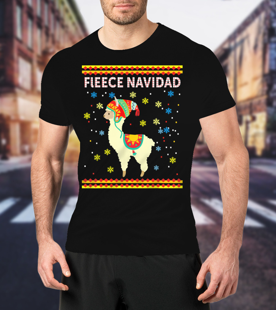 Fleece Navidad Cute Funny Llama With Colorful Winter Hat And Snowflakes T-Shirt
