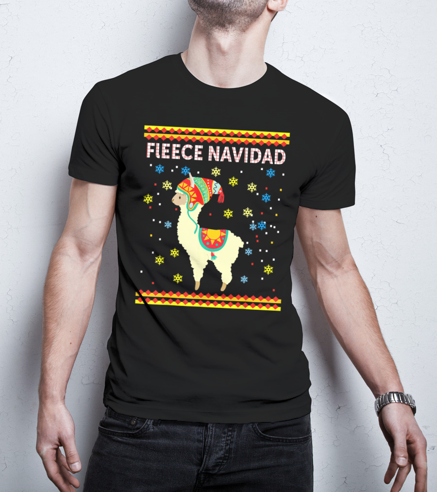 Fleece Navidad Cute Funny Llama With Colorful Winter Hat And Snowflakes T-Shirt