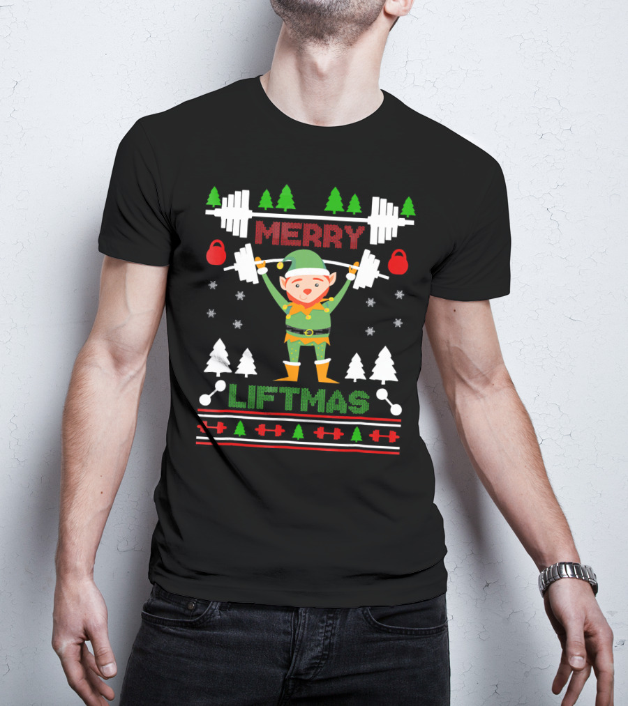 Merry Liftmas Elf Weightlifting Christmas Ugly T-Shirt