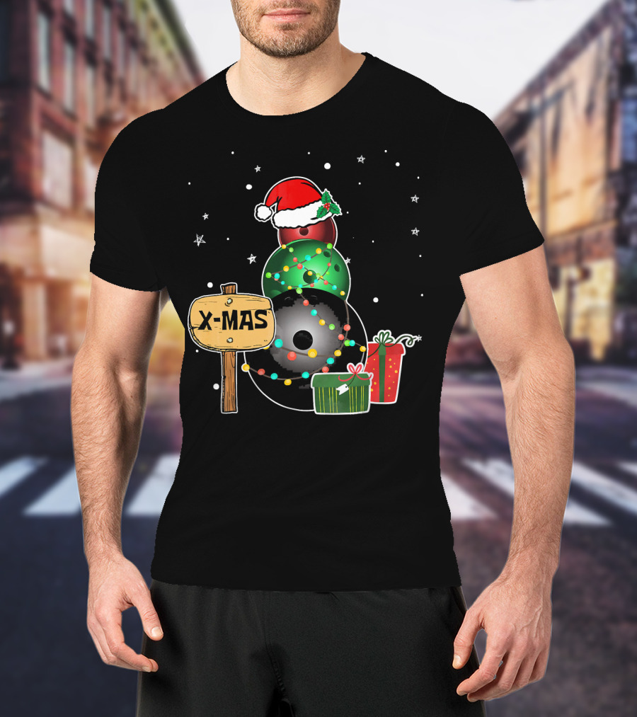 Bowling Snowman Xmas Presents With Santa Hat And Lights T-Shirt