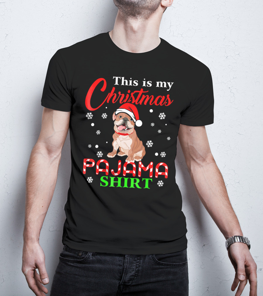 This Is My Christmas Pajama Shirt Dog Santa Hat Snowflakes T-Shirt
