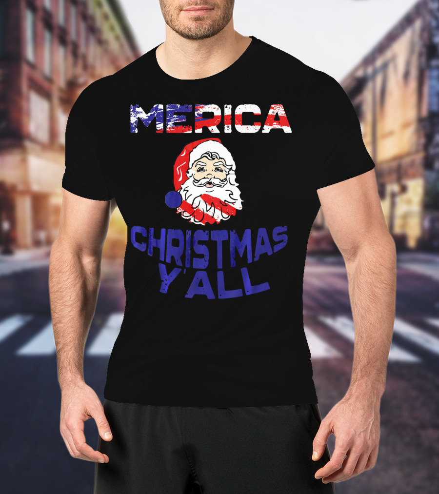 Merica Christmas Yall Santa Patriotic American Flag Colors T-Shirt