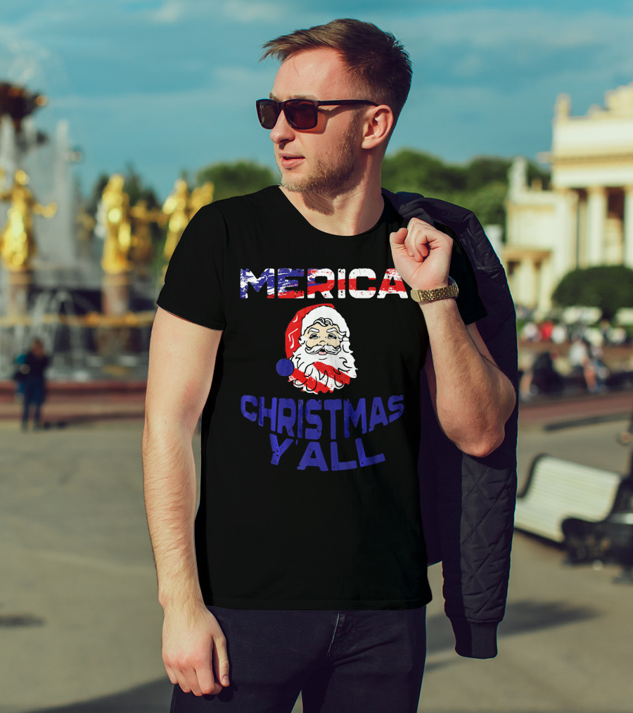 Merica Christmas Yall Santa Patriotic American Flag Colors T-Shirt