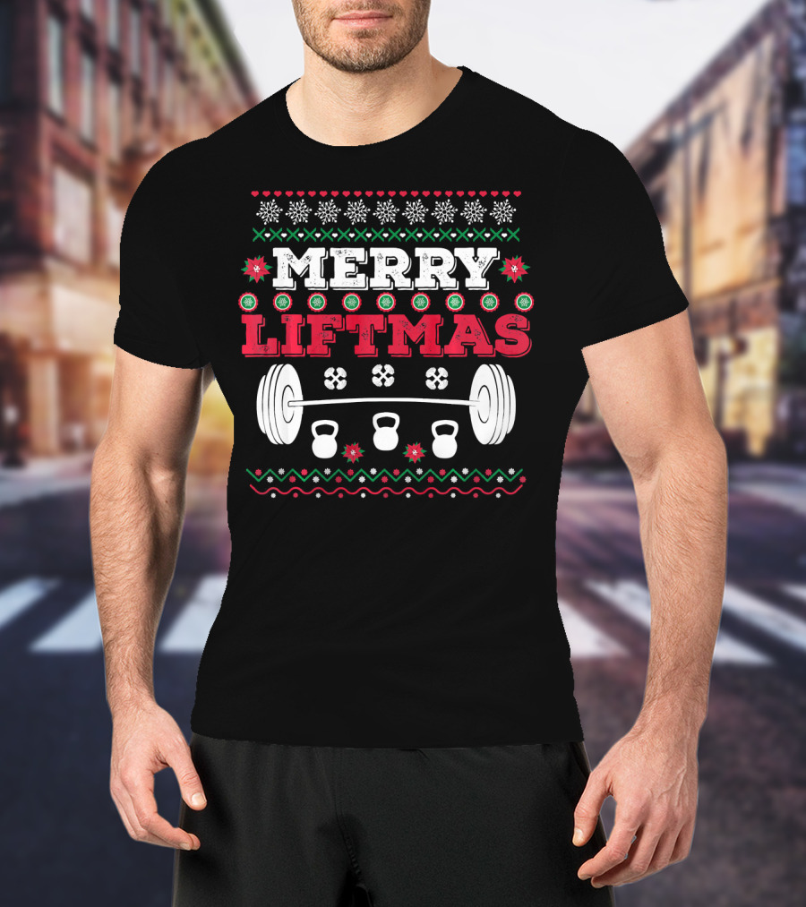 Merry Liftmas Funny Workout Barbell Kettlebell Christmas T-Shirt