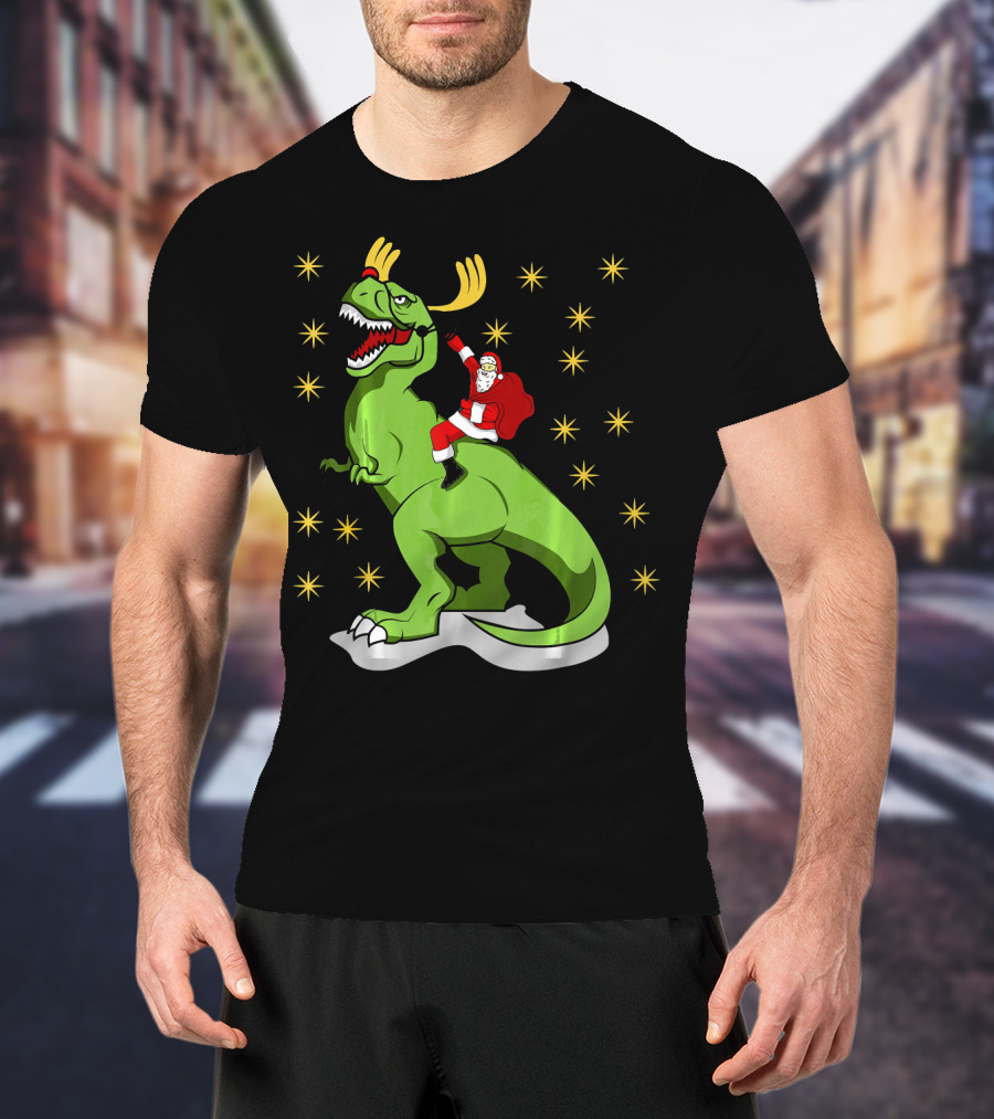 Santa Claus Riding Dinosaur With Reindeer Antlers And Stars T-Shirt
