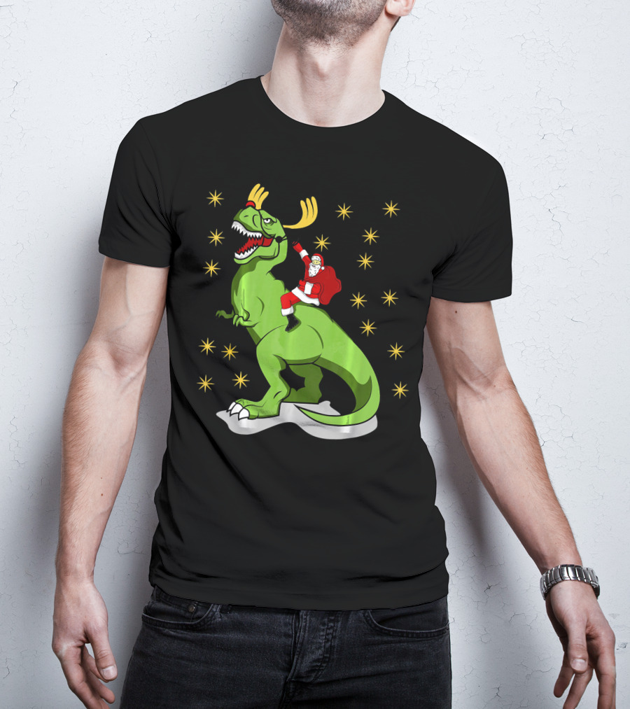 Santa Claus Riding Dinosaur With Reindeer Antlers And Stars T-Shirt