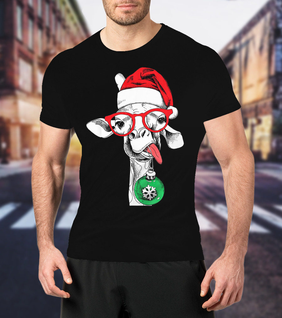 Santa Hat Giraffe Red Glasses Christmas T-Shirt