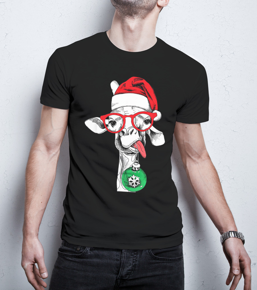 Santa Hat Giraffe Red Glasses Christmas T-Shirt