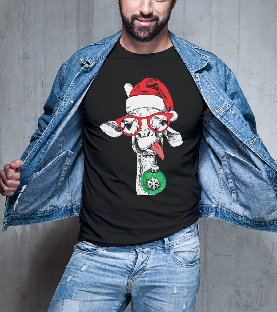 Santa Hat Giraffe Red Glasses Christmas T-Shirt