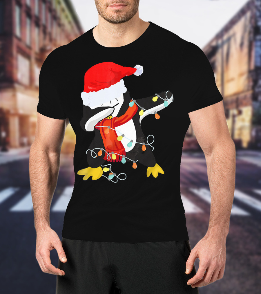 Dabbing Penguin Santa Christmas Lights T-Shirt