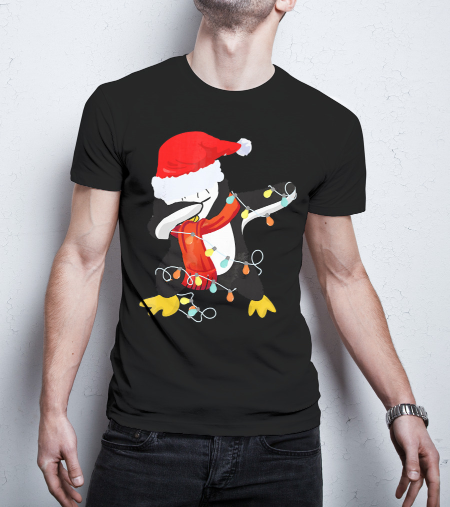 Dabbing Penguin Santa Christmas Lights T-Shirt